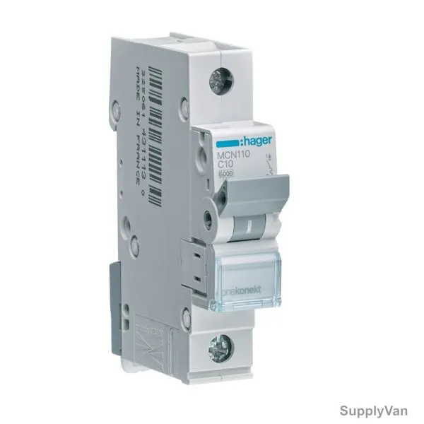 Hager Miniature Circuit Breaker, MCN110, Onekonekt, 1P, Curve C, 6 kA, 10A