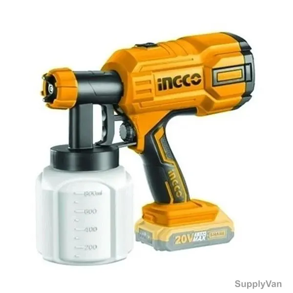 Ingco Cordless Li-Ion Paint Spray Gun, CSGLI20406, 20V, 0.1-0.2 Bar, 800ML/Min Flow Rate