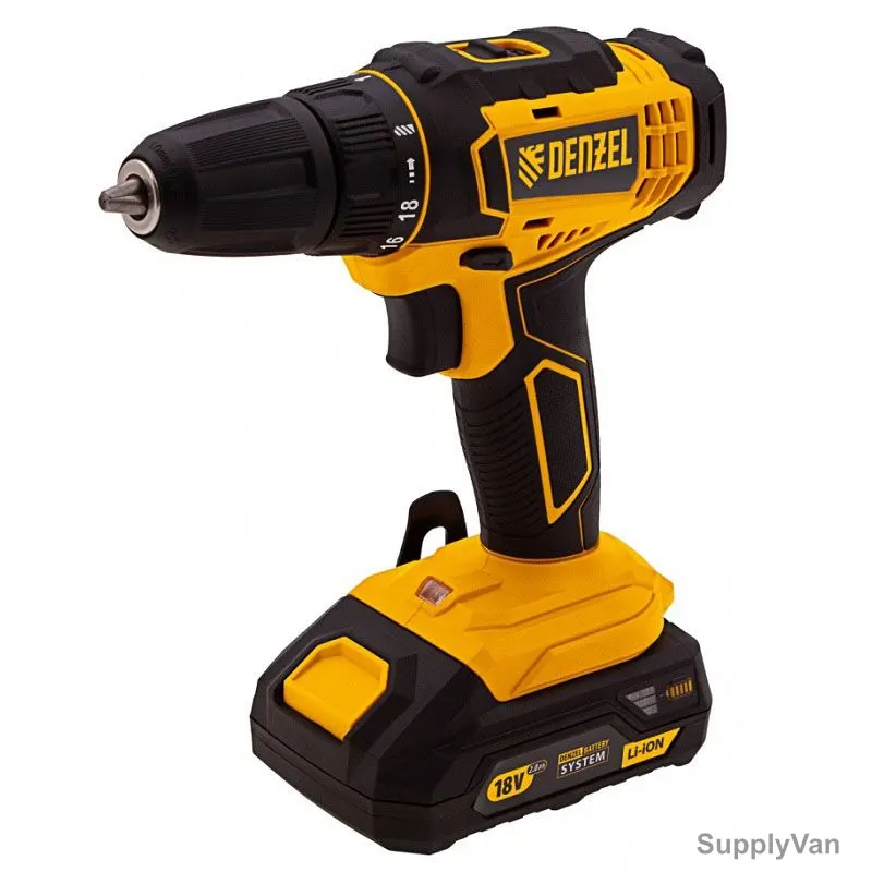Denzel Cordless Drill/Driver Set, CDL-18-02BM, 18V, Li-Ion, 18+1 Torque Setting, 0-400/0-1500 RPM, 4 Pcs/Set