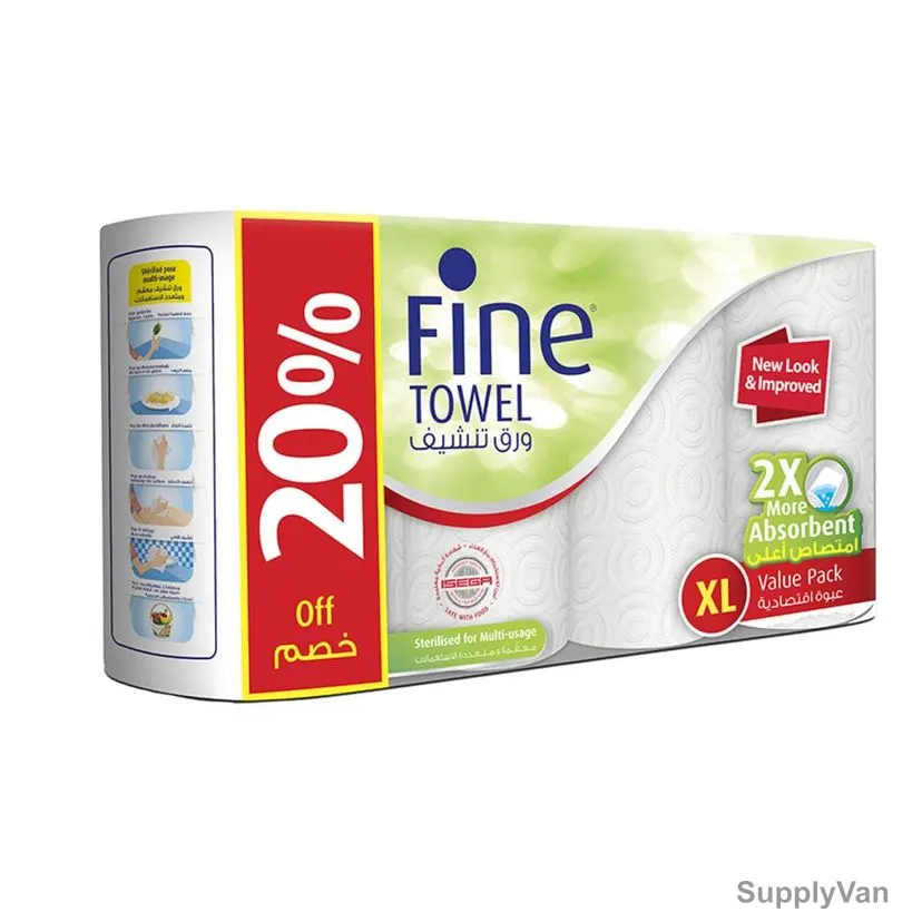 Fine Towel Tissue Roll, 2X More Absorbent, 100 Sheets x 2 Ply, White, PK4