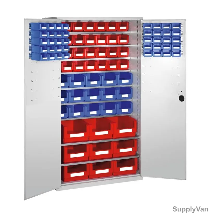 Bito Double Door Cabinet With 92 Pcs Storage Bin, 13-20462, Galvanised Steel, 9 Shelves, 70 Kg Shelf Capacity, Light Grey