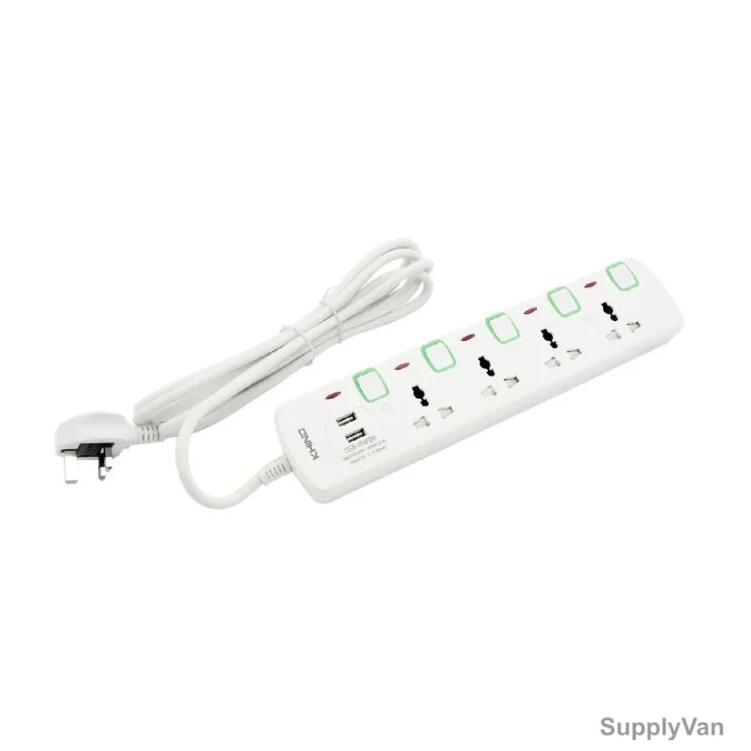 Khind Universal Extension Socket With 2 USB Slot and Neon Indicator, EM8143MU3M, 4 Way, 13A, 3 Mtrs Cable Length