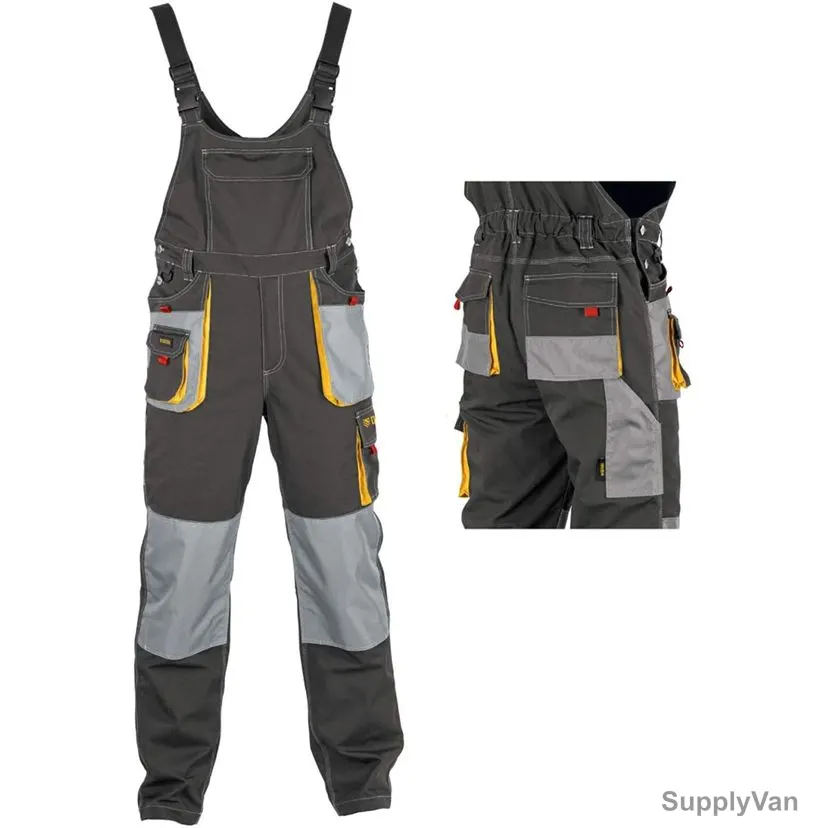 Denzel Work Bib Pants, 7790354, Size34, 65% Polyester and 35% Cotton, Black/Grey