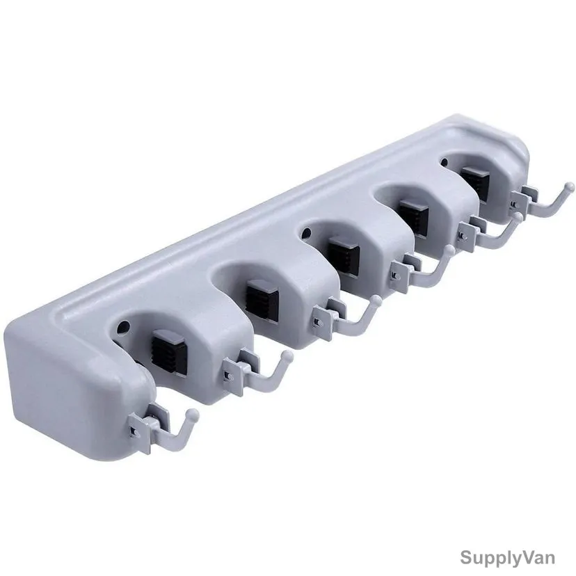 Wall Mounted Mop and Broom Holder, T56, ABS, 5 Slots, 6 Hooks, Grey