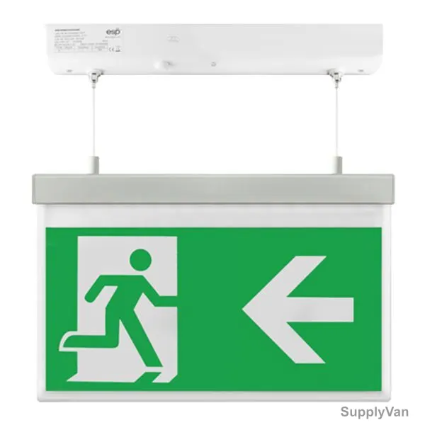 ESP Hanging Emergency Exit Sign Board With Light, Duceri, LED, 2W, 5500K, Cool White, Left Legend