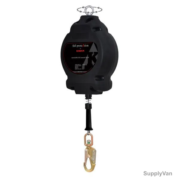 Karam Retractable Fall Arrester W/ G.I Wire Rope, PCGS25, Polymer, 25 Mtrs, Black
