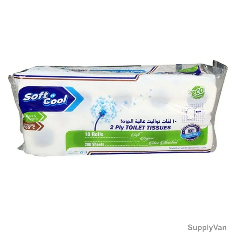Soft n Cool Toilet Tissue Roll, TR200, 2 Ply, 200 Sheets, White, 10 Rolls/Carton