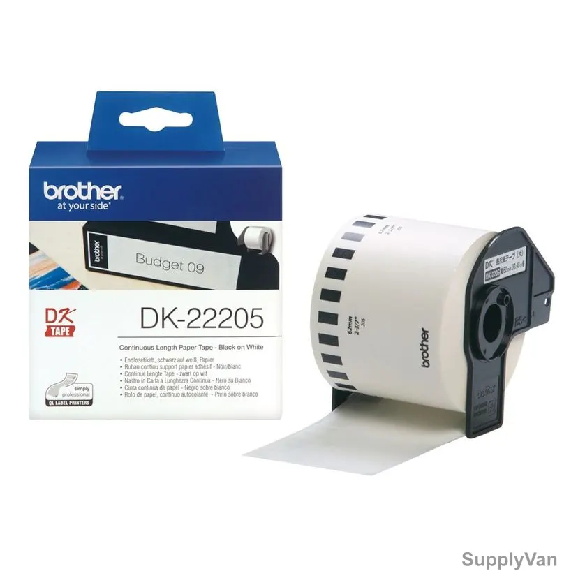 Brother Continuous Paper Label Roll, DK22205, 62MM x 30.48 Mtrs, Black On White