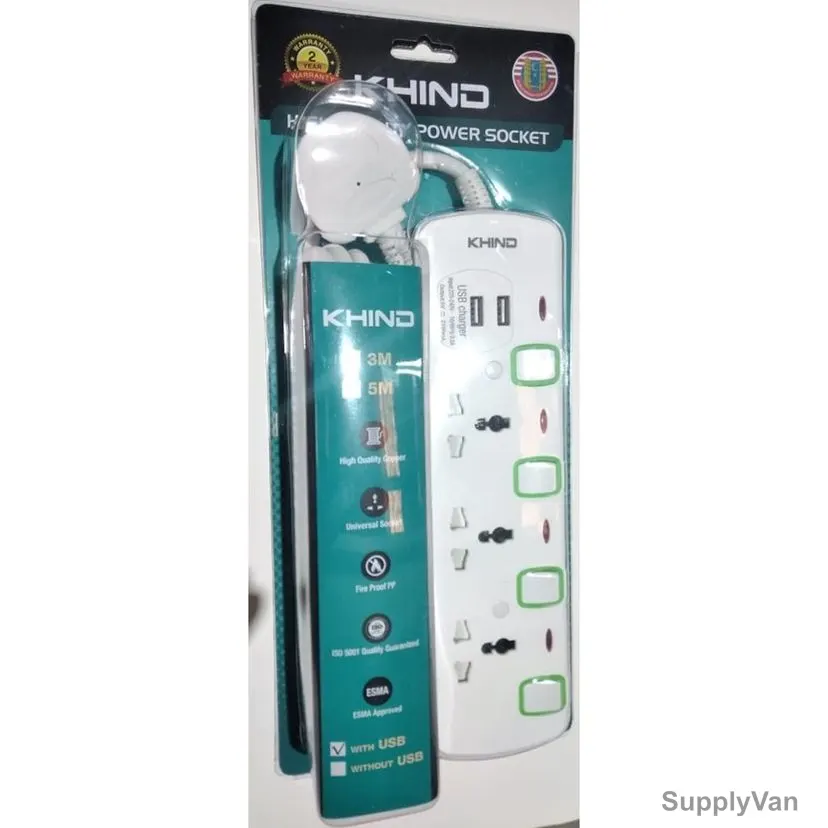 Khind Universal Extension Socket With 2 USB Slot And Neon, EM8133MU5M, 3 Way, 13A, 5 Mtrs Cable Length, White/Green