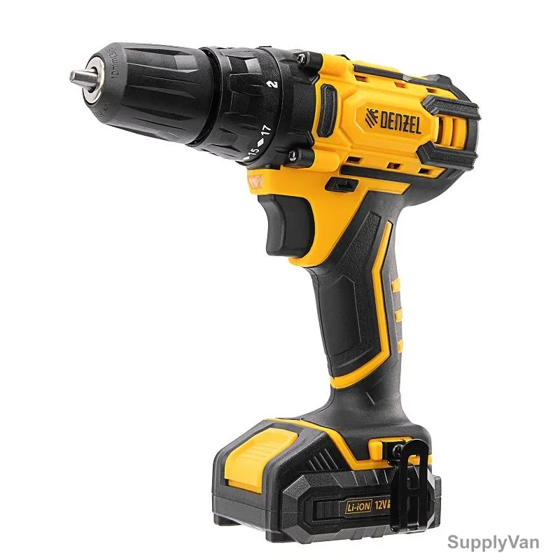 Denzel Cordless Drill/Driver Set, CDL-12-02BM, 12V, Li-Ion, 17+1 Torque Setting, 0-400/0-1450 RPM, 4 Pcs/Set