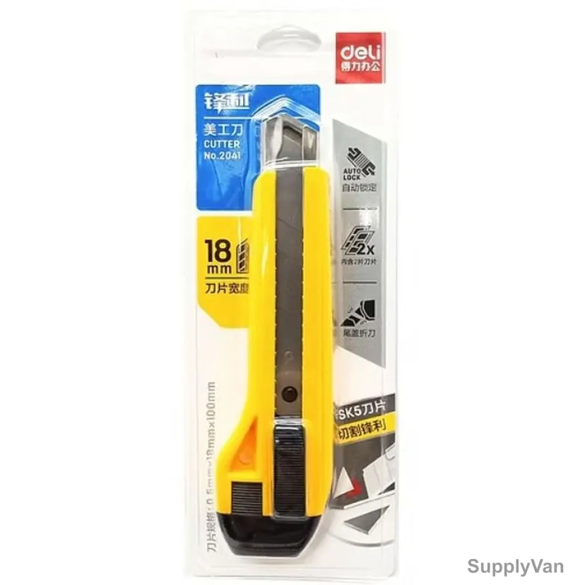 Deli Snap-Off Cutter Knife, 2041, SK5 Carbon Steel/ABS, 0.5MM Thk, 18MM Width x 100MM Length, Yellow
