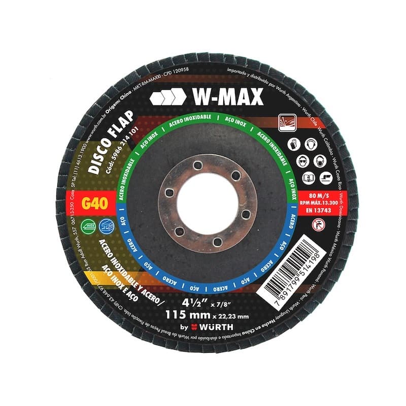 W-Max Lamella Flap Cutting Disc For Stainless Steel, 5986214101, G40, 22.23MM Bore Dia x 115MM Disc Dia